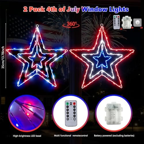 2 Pcs 4th of July Window Decorations Lights, 13.8In Red White and Blue Lights Patriotic Star Light Battery Operated with Timer & 8 Modes 4th of July Decorations Indoor for Home Porch - Image 2