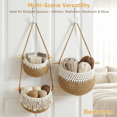 Macrame 3-Tier Hanging Wall Basket, Handwoven Jute Storage Organizer, Boho Decor for Kitchen, Bathroom, Living Room, Natural Cotton Rope Fruit Holder (Dark Gray) - Image 6