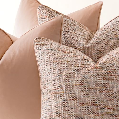 a moment Light Pink 4 Pack Throw Pillow Covers - Chenille & Velvet Set with Piping, Farmhouse Textured Design Pillow Cases for Couch Sofa Bed Livingroom (20x20 Inch, No Insert) - Image 6