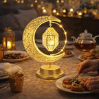 Lifnatty Ramadan Moon Lamp Decorations, Crescent Moon with Ramadan Lantern, Rotating Ramadan Table Lamp, Ramadan Decorations for Home, Eid Mubarak Decorations, Battery Operated Metal Eid Gifts - Image 2