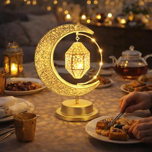 Lifnatty Ramadan Moon Lamp Decorations, Crescent Moon with Ramadan Lantern, Rotating Ramadan Table Lamp, Ramadan Decorations for Home, Eid Mubarak Decorations, Battery Operated Metal Eid Gifts - Image 2