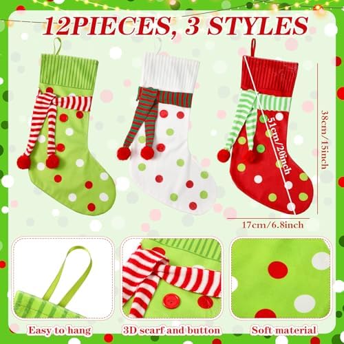 Newcotte 12 Pack 20 Inch Large Christmas Stocking Elf Xmas Hanging Stockings Red Green White Christmas Decorations for Holiday Fireplace Tree Decoration Gift Present - Image 2