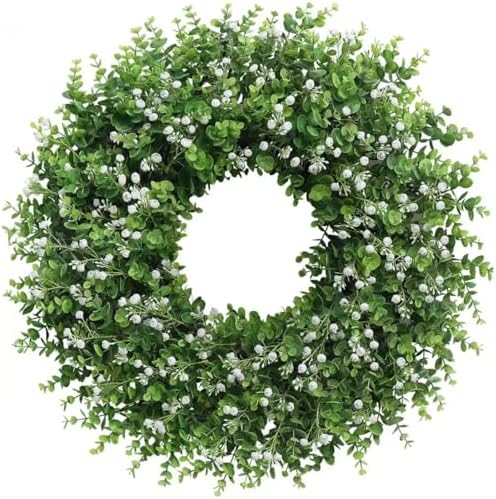 Artificial Boxwood Wreath for Front Door, Farmhouse Year Round Greenery Wreath, Indoor Outdoor with Hanging Tag and Scarf DIY Decor, All Seasons Holiday Decoration (24Inch) by MEETYEHUA