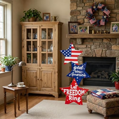 4th of July Large Wooden Star Porch Sign, Independence Day Standing Decoration God Bless America Star Shape Sign for Patriotic 250 Anniversary Red White Blue Outdoor Indoor Yard Front Door - Image 5