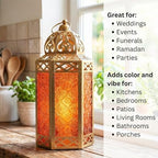 VELA LANTERNS 12" Metal Moroccan Decorative Candle Lantern Holders for Hanging or Table, Indoor Home Decor, Outdoor Patio or Porch, Weddings, Gold, Amber Glass, Large, Set of 2 - Image 3