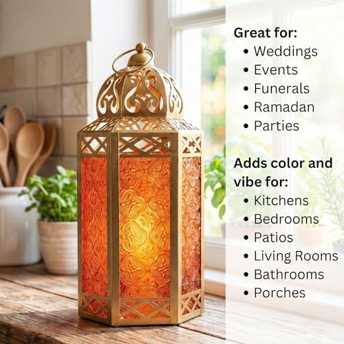 VELA LANTERNS 12" Metal Moroccan Decorative Candle Lantern Holders for Hanging or Table, Indoor Home Decor, Outdoor Patio or Porch, Weddings, Gold, Amber Glass, Large, Set of 2 - Image 3