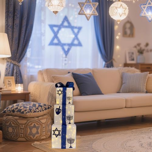 Hanukkah Light Up Gift Boxes Set of 3 Outdoor Decorations Pre-lit 80 Lights, Hanukkah Decor Lighted Present Box with Menorah, Dreidel, Star of David, Battery Operated Chanukah Decoration Jewish Décor - Image 2