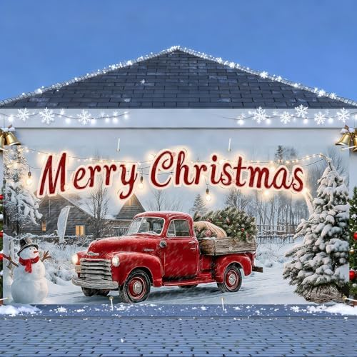 Christmas Garage Door Banner 6x13FT, Red Vintage Truck with Tree, Merry Christmas Garage Door Cover, Large Outdoor Xmas Decorations for Holiday Yard, House Front, Driveway & Winter Party Decor - Image 2