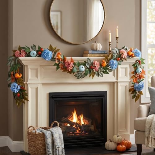 Montekin 6ft Fall Hydrangea Garland with Blue Pumpkins - Image 2