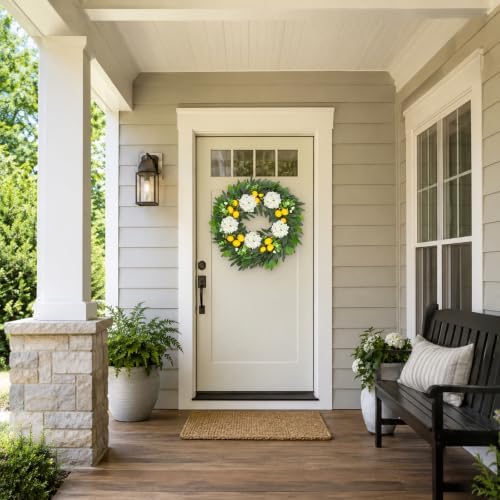 22 Inch Lemon Wreath for Front Door, Spring Summer Wreaths for Outside with White Hydrangeas and Greenery, Artificial Citrus Floral Wreath for Farmhouse Porch Wall Window Kitchen Decor - Image 3