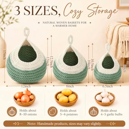 Honeydak 3 Hanging Baskets, White with Sage Green, Teardrop, Cotton Rope - Image 2