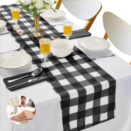 Cupuamon Fabric Checkered Table Runner 12 Pack Waterproof Gingham Table Runner 14W x 108L Buffalo Check Table Runners for Parties Kitchen Dining Wedding Banquet (Black and White) by Cupuamon