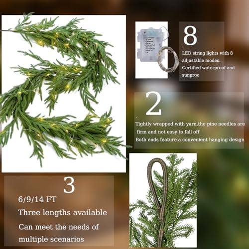 MISSPIN Christmas Garland with Lights, Real Touch Winter Pine Garland, Green Artificial Greenery Garland for Table, Mantle, Wall, Indoor, Outdoor Christmas Decorations - Image 2