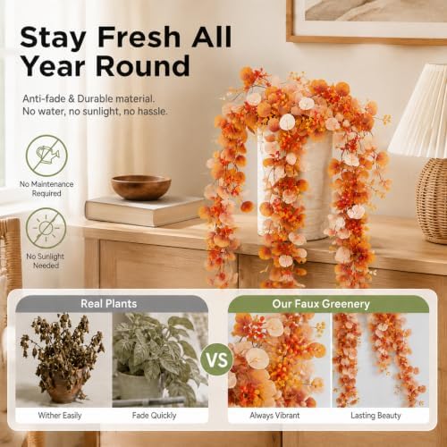 4 Pcs 6Ft Fall Eucalyptus Garland, Artificial Orange Faux Eucalyptus Plants Autumn Leaves Fake Vines for Table Home Wedding Mantle Thanksgiving Decor - Image 4