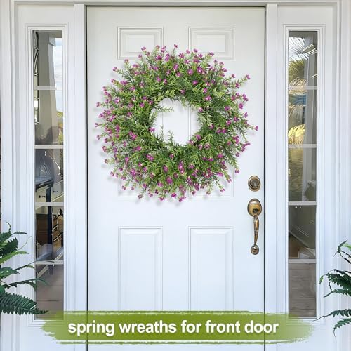 Realistic 24 Inch Baby’s Breath Wreath Spring Wreath for Front Door, Zmtyykh Purple Floral Green Wreath for Outdoor Indoor Farmhouse Wall Porch Home Decor, All Season Summer Wedding Party - Image 6