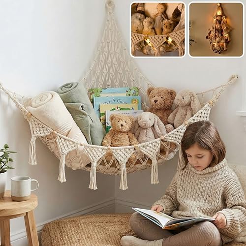 TIDYTEDS Stuffed Animal Hammock Corner | Sturdy Handcrafted Stuffed Animal Net | 4mm Double Macrame Cord Stuffed Animal Holder | Natural 100% Cotton Plushie Net | Toy Hammock w/LED Light (Ice Cream) by TIDYTEDS
