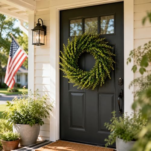 28 Inch Boxwoods Door Wreaths for Front Door, Large Artificial Spring Summer Greenery Wreaths for Porch Wall Window Rustic Farmhouse Wedding Home Outdoor Indoor Decorations - Image 2