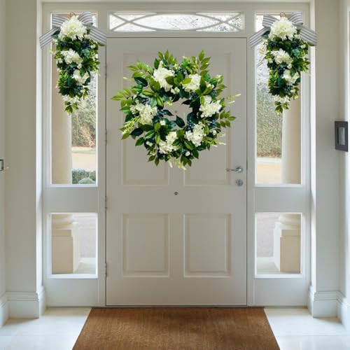 Svndlyn 22 Inch Lighted White Hydrangea Wreath with Timer, 2 Light Modes - Image 4
