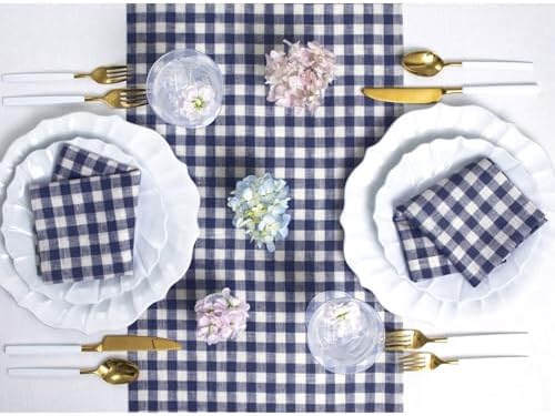 Solino Home 100% Pure Linen Table Runner Navy, Gingham Check 14 x 108 in - Image 3