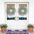 24" Spring Wreaths for Front Door Not Withering Artificial Floral Wreath with Wildflowers Summer Decorations for Indoor Outdoor Window Wall Farmhouse Porch Easter Home Decor Purple Pink Yellow - Image 6