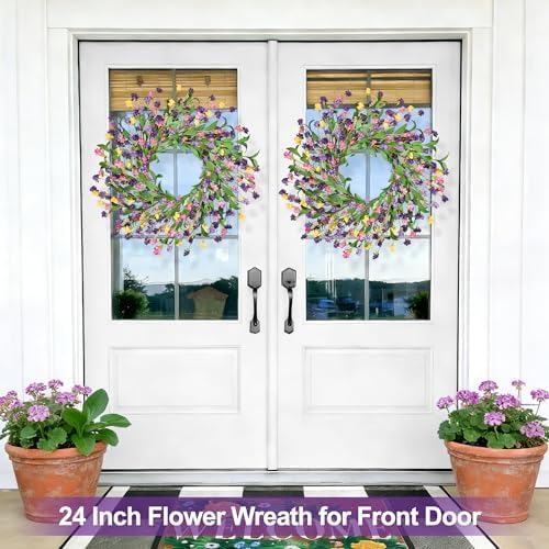 24" Spring Wreaths for Front Door Not Withering Artificial Floral Wreath with Wildflowers Summer Decorations for Indoor Outdoor Window Wall Farmhouse Porch Easter Home Decor Purple Pink Yellow - Image 6