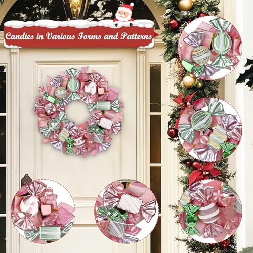 20" Christmas Wreath with Candies Pink & Gold Bow for Home Front Door Decor - Image 2