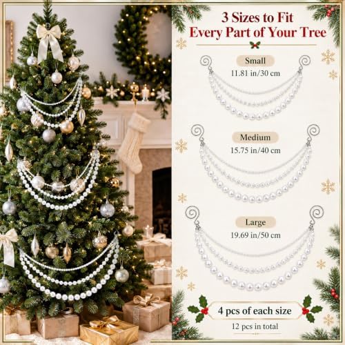 12 Pcs Christmas Tree Bead Garland, 3 Tier Hanging, White, Pearl - Image 4