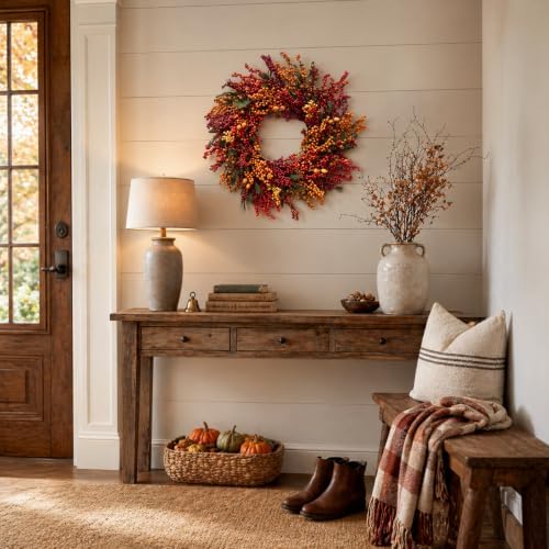 22 Inch Lighted Fall Berry Wreath with Timer Red and Orange Berries - Image 3