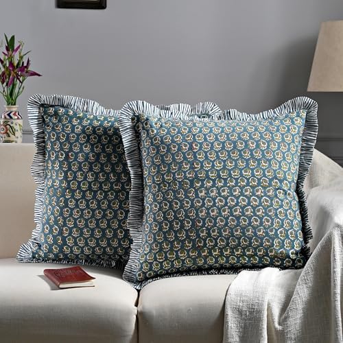 Ridhi Peacock Blue Floral Block Print Throw Pillow Covers 16x16 Inch - Image 2
