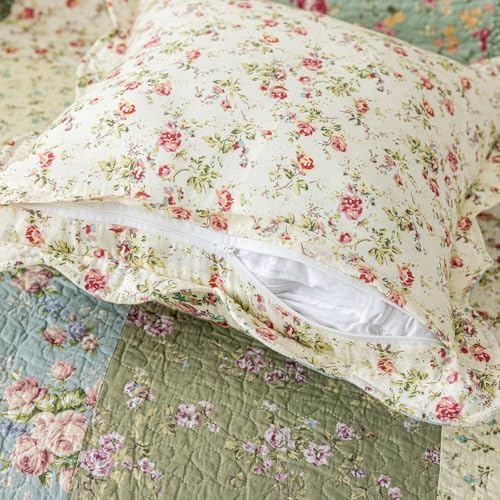 vctops Set of 2 Patchwork Cotton Quilted Decorative Square Throw Pillow Covers with Scalloped Floral Pattern Soft Cushion Case for Couch Sofa Bed (Green B,18"x18") - Image 5