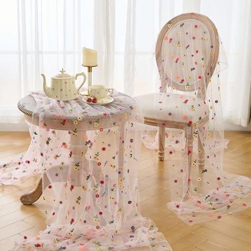BINBE 6pcs Pink Daisy Spring Table Runner Embroidery Gauze 10FT Florals Seasonal Tulle Holiday Birthday Kitchen Dining Table Decor for Home Party - Image 5