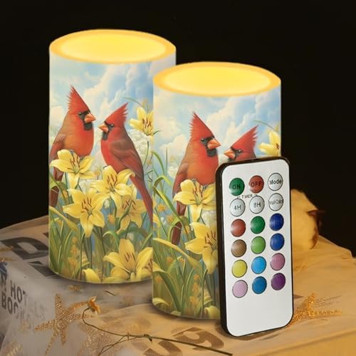 Cardinal Bird Flameless Candles 2 Pack 6 x 3 inch Battery Operated Candles with Multicolor Timer Remote Control LED Fake Candles for Warm Light Dinner Table Home Decor by WelcometoLuarisgur