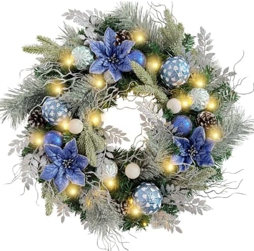 Wanna-CUL 24 Inch Pre-Lit Frozen Winter Christmas Wreath for Front Door by WANNA-CUL