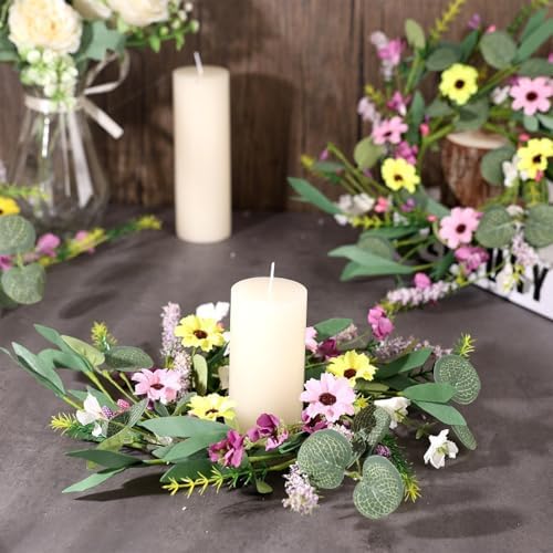 8 Pcs 9" Mini Spring Summer Flowered Wreath Floral Wedding Candle Rings Wreaths Kitchen Cabinet Wreaths with Ribbon for Pillars Wedding Table Centerpiece Farmhouse Party Home Door All Seasons Decor - Image 3