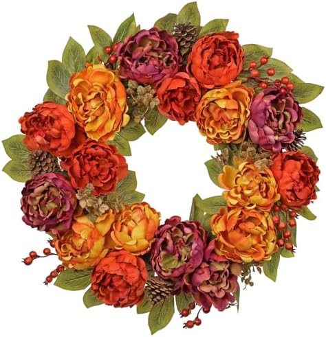 Artificial Fall Wreath, 24" Fake Peony Floral, Maple Leaves & Berries by Arborus