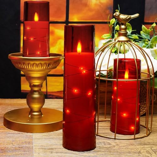 kakoya Flameless LED Candles with Timer 5 Pc Flickering Flameless Candles for Romantic Ambiance and Home Decoration Stable Acrylic Shell,with Embedded Star String，Battery Operated Candles（Red） - Image 4