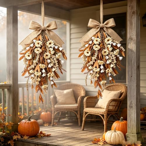 2 PCS 24'' Fall Teardrop Wreath Boho Pampas Grass Wags for Front Door - Image 4