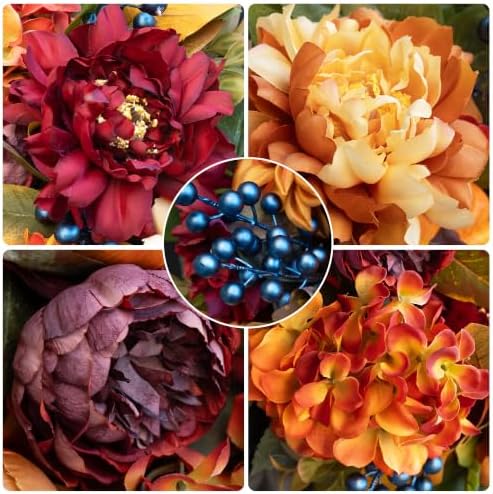 24 Inch Artificial Fall Wreaths for Front Door with Hydrangea Peony Pumpkin - Image 2