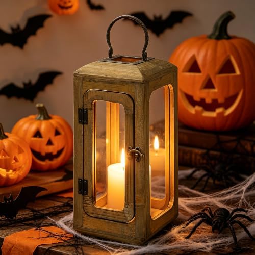 14" High Decorative Wood and Glass Lantern with Metal Handle, Distressed Brown, Candle Holder (Distressed Brown, Small) - Image 3