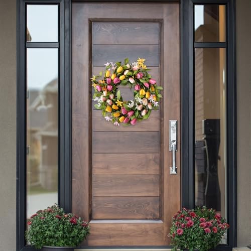 22" Tulip Wreath Spring/Summer Wreaths Artificial Floral Wreaths for Front Door Yellow Pink Tulip Easter Wreath for Indoor Outdoor Home Holiday Party Wedding Decor - Image 7