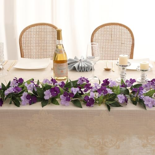 Floweroyal 4 Pack Artificial Flower Garlands 15.8FT Fake Impatiens Vines Silk Flowers Hanging Impatien Ivy for Wedding Arch Party Home Garden Wall Decor (Purple) - Image 6