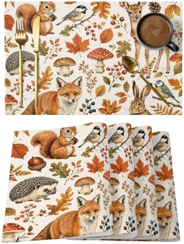 Thanksgiving Placemats Set of 8,Cotton Linen Fabric Place Mats,Fall Fox Squirrel Rabbit Mushroom Maple Leaves Decorative Table Mats Protector for Home Kitchen Dining Wedding Party Coffee Tables by BEMIGO