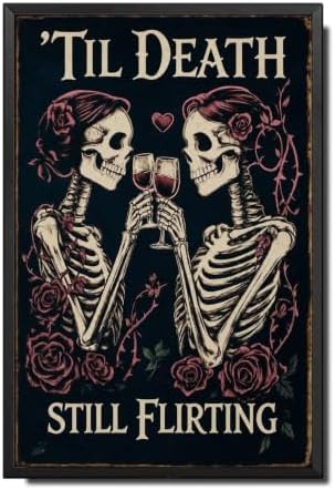 Vintage Metal Tin Sign Halloween Skeleton Couple Roses Gothic Romance Wall Art for Bedroom Bar 8×12 Inches with Metal Frame by Unknown