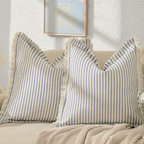 ZWJD Throw Pillow Covers 26x26 Set of 2 Striped Pillow Covers with Fringe Chic Cotton Decorative Euro Sham Pillows Square Cushion Covers for Sofa Couch Bed Living Room Farmhouse Decor(Bright Blue) by ZWJD