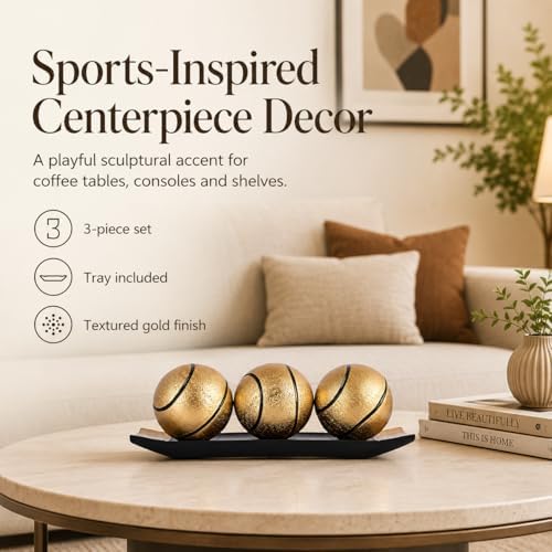 Decorative Black Gold Balls for Home Decor,3 Resin Orbs with Display Tray,Inspired Sphere Centerpiece for Coffee Table Dining Table Shelf Mantel Entryway Console Office,Basketball Decor Gift for Men - Image 3