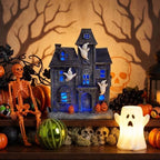 YAKii Halloween Decorations Lighted Haunted House Resin Halloween Village Houses with Ghosts and Pumpkins Battery Operated Glowing Spooky House Decor for Tabletop Mantel Shelf Indoor, 10.2 inch - Image 4