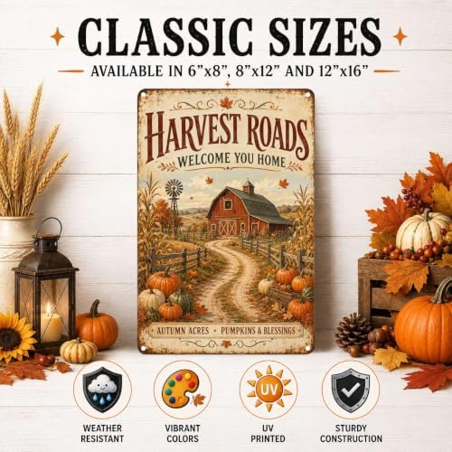 Decorative Tin Sign Vintage Metal Tin Sign Rustic Distressed Finish Harvest Roads Red Barn Windmill Pumpkin Farm Wall Decor for Farmhouse Entryway Porch 6×8 Inches with Metal Frame - Image 2