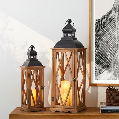 Glitzhome Decorative Candle Lanterns, 2 Pack Farmhouse Lanterns Decor, Vintage Hanging Candle Holder Wooden Lantern Decorative Indoor&Outdoor for Patio, Porch, Entryway, Centerpieces (No Glass) - Image 2