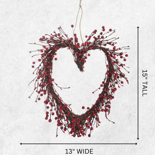 4E's Novelty Valentines Day Wreath - 15" Heart Grapevine Wreath with Red Berries for Valentines Day Indoor Outdoor Decorations - Image 3