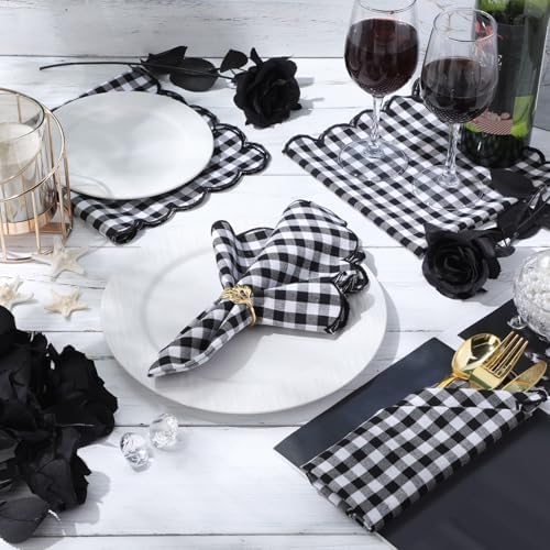 SmoothNovelty 12 Pack Buffalo Plaid Cloth Napkins 18x18 Inch Checkered Cloth Napkins Scalloped Soft Cotton Table Mat Washable Reusable for Dinner Wedding Holiday Birthday Parties (Classic,Black) - Image 4